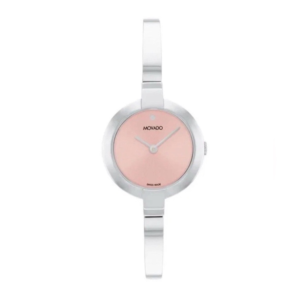 New Movado Ela Women’s Pink Dial Stainless Steel 25mm Bangle Watch 0607726
